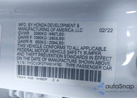 2022 Honda Accord Hybrid Sport from USA, damaged, VIN 1HGCV3F27NA014182